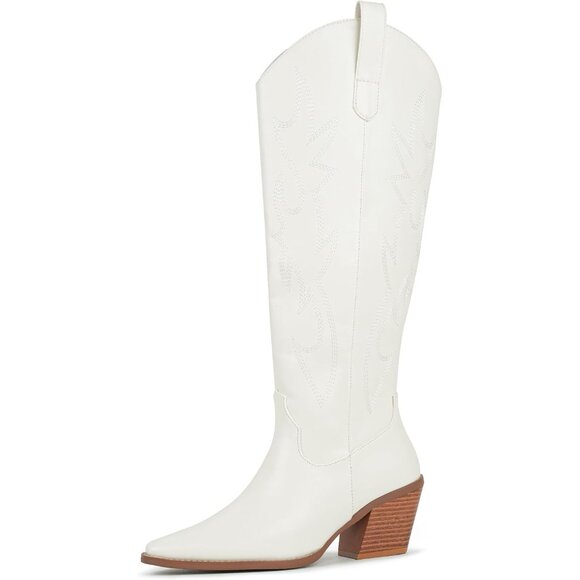 ⚡Women's White Cowgirl Boot Embroidered Knee High Boot Pointed Toe Block Heel - Picture 6 of 6